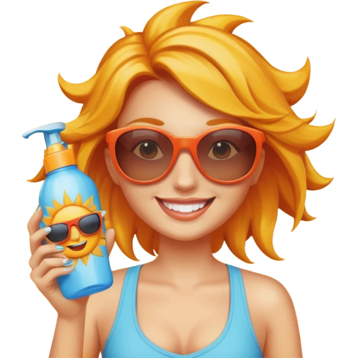female with suncream bottle and sunglasses, with sun burned emoji