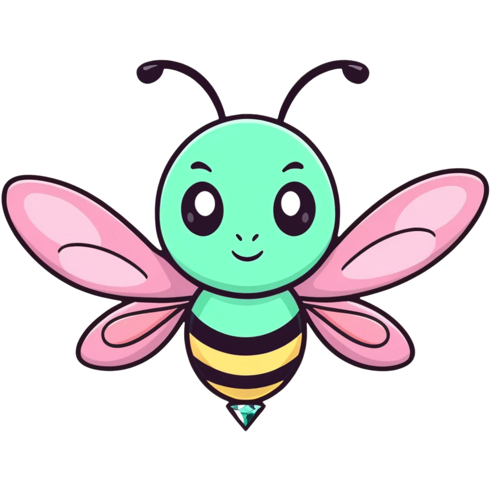 Glamorous mint green female bee with diamond-studded wings, rhinestone decorations, and glittery body emoji