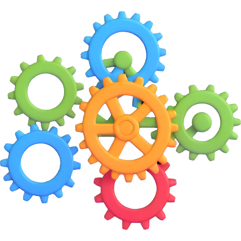gear icon with interconnected nodes forming a workflow emoji