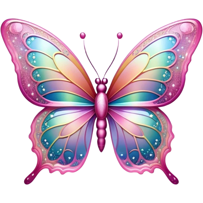 Pastel sparkly pink glittery iridescent rainbow transparent butterfly with detailed intricate patterns emoji