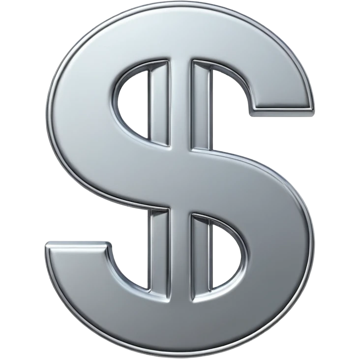 A double dollar sign emoji made of polished silver chrome, smooth metallic surface, glossy reflections, luxury swag vibe, minimal iOS emoji style, centered on white background emoji