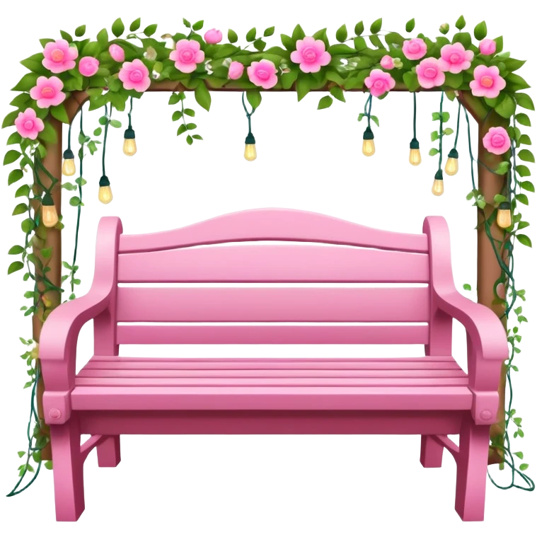 Pink garden bench wrapped in flower, vines, & lights  emoji