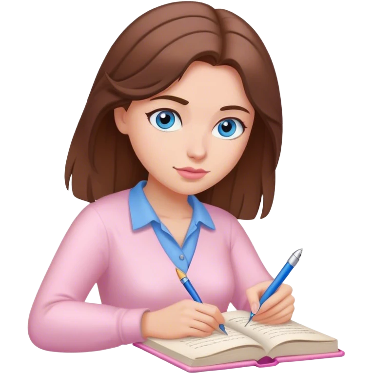 female writer, romantic, brown haired, fair skinned and blue eyed writing a light pink romance book emoji