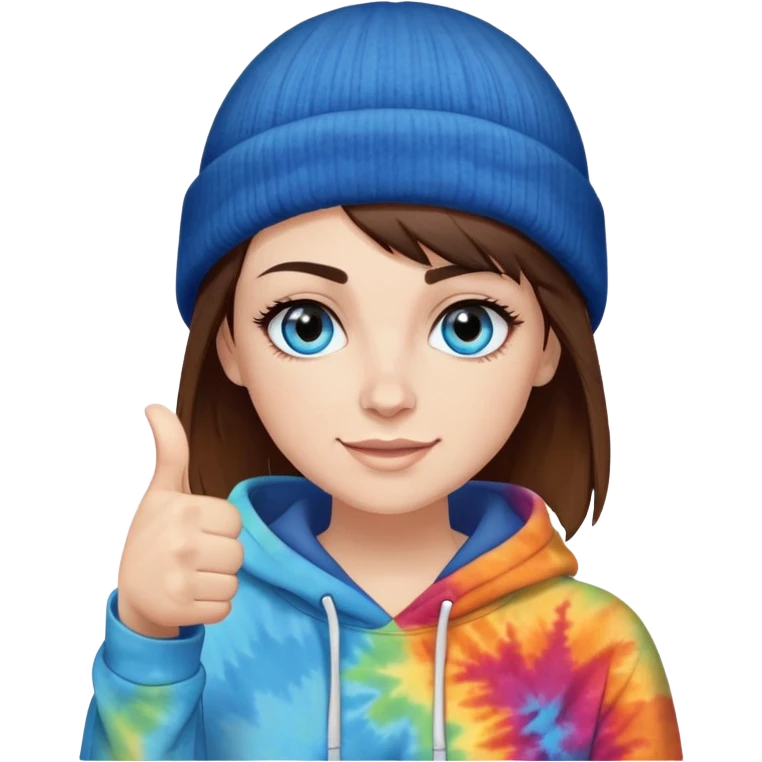 White woman with very short brown hair and a side bang on her face under a black beanie. i want her to have blue eyes with long eyelashes and tiedye hoodie. i would like for her to be doing a thumbs up with one hand  emoji