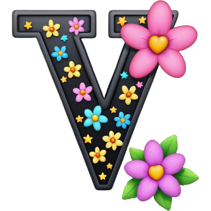 The letter V in black font with a pink heart stars and flowers emoji
