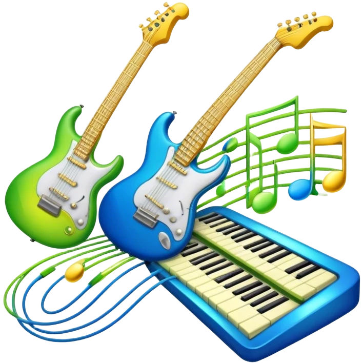 Create an artistic and vibrant emoji that represents music arrangement and orchestration. The design should feature musical notes, a synthesizer, drums, and an electric guitar, symbolizing the fusion of different instruments in an arrangement. Include subtle details like flowing lines to represent harmony between instruments, and integrate sheet music in the background. Use a dynamic mix of colors like electric blue, neon green, and gold to evoke both the classical and modern elements of music. The background should be transparent, with elements that show the blend of creativity and musical structure. emoji