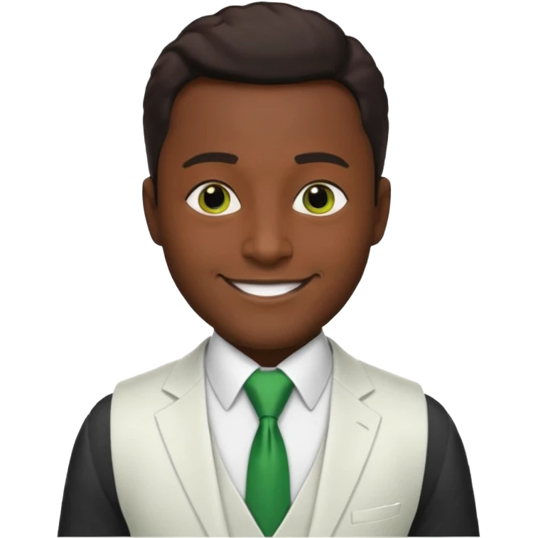 businessman, black skin, brown eyes, white suit vest, green tie emoji