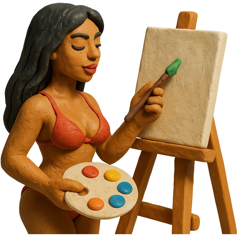 sexy tanned woman artist with long black hair, painting at an easel, holding a paint palette and brush, claymation style emoji