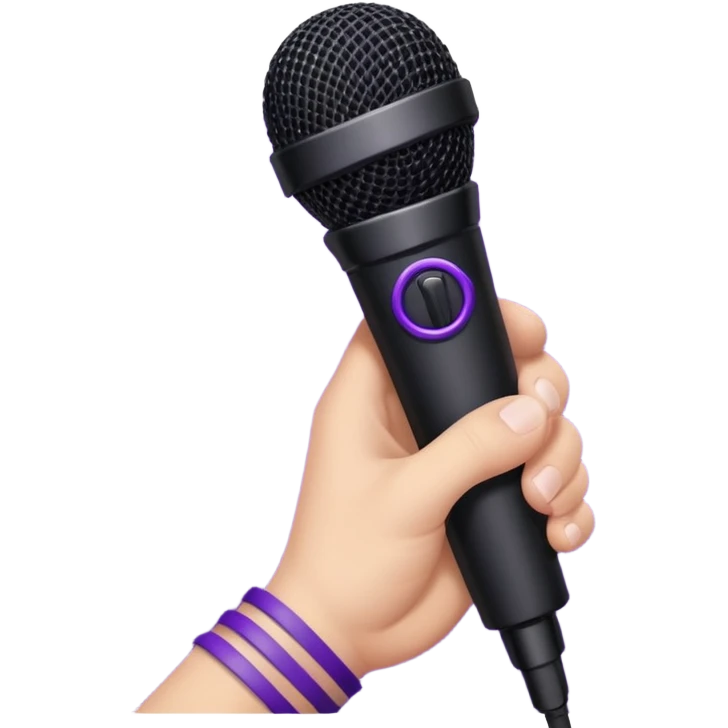 hand holding black stage microphone with purple strip on bottom emoji