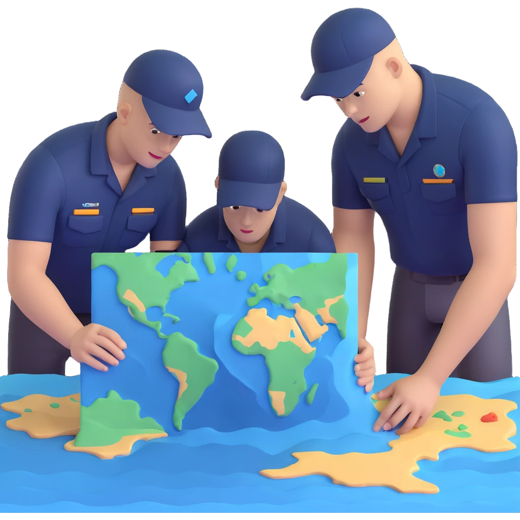Team of marine geologists examining 3D maps of underwater terrain created from sonar data emoji