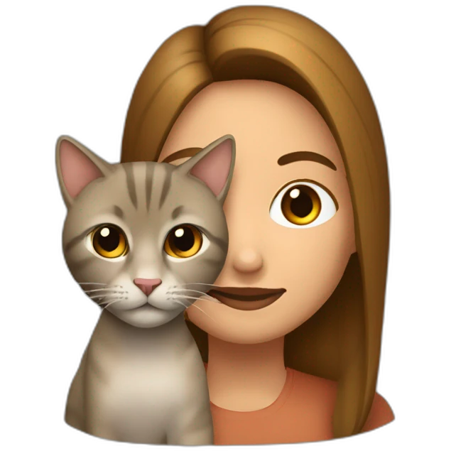 Mujer con pelo largo color castaño junto a un gato rayado emoji
