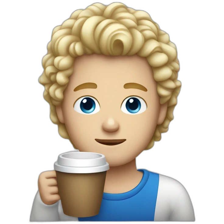 White guy with curly blonde hair and blue eyes drinking coffee  emoji