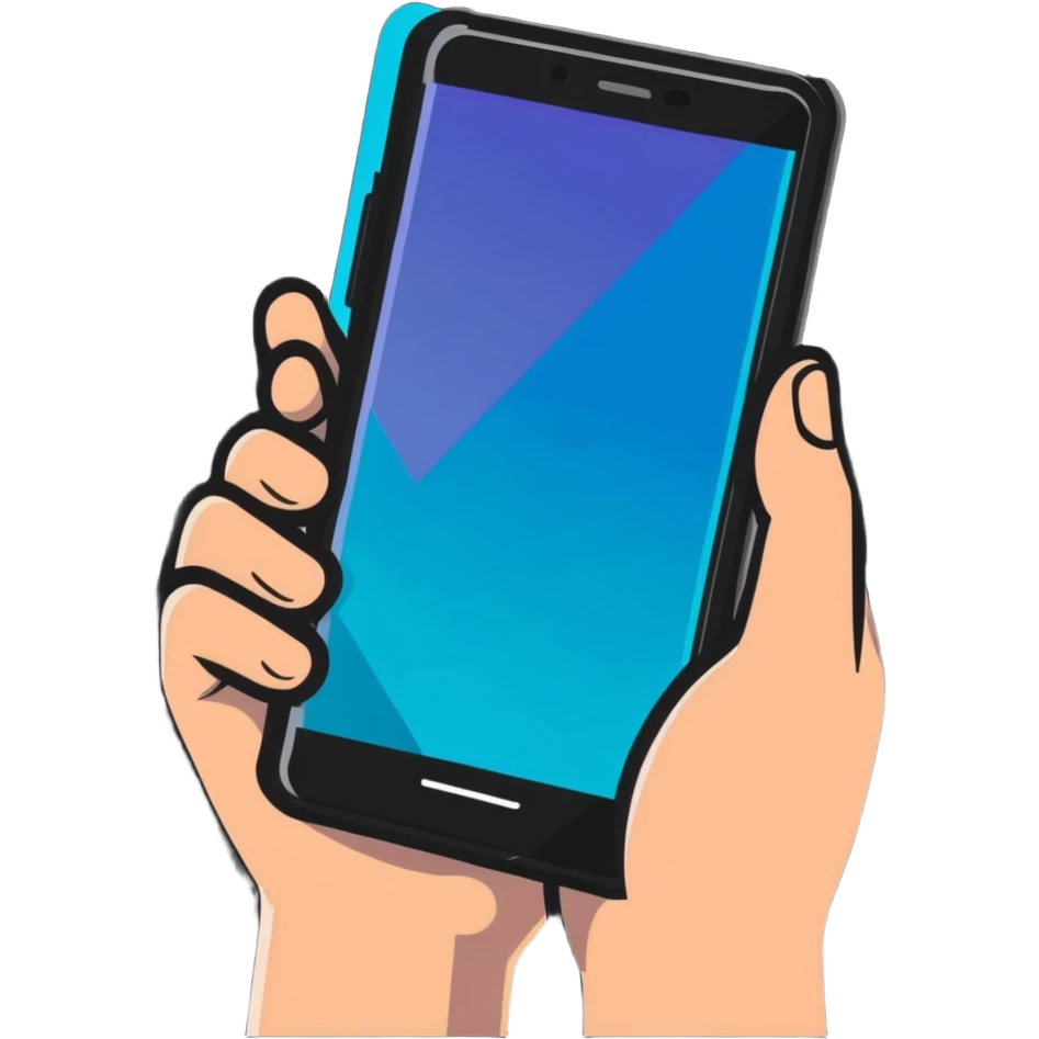 human hands holding a futuristic transparent smartphone emoji