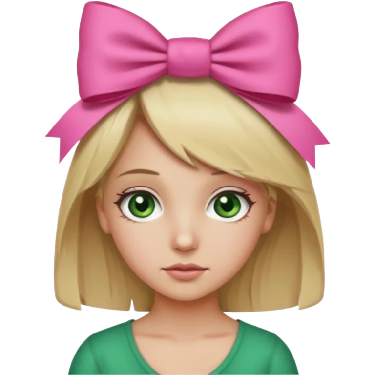 Dirt blonde girl with dark green eyes with the pink bow emoji on her front right head side  emoji