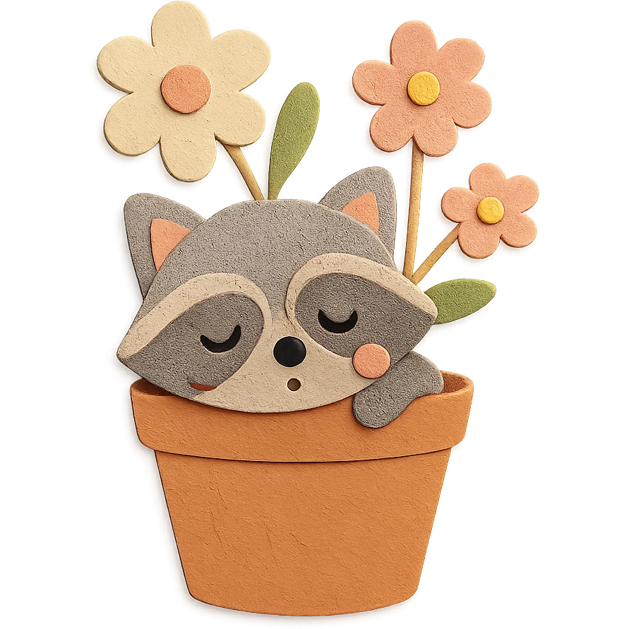 a sleepy raccoon inside a flower pot with a few flowers inside the pot, pastel earthy colors, paper craft style emoji