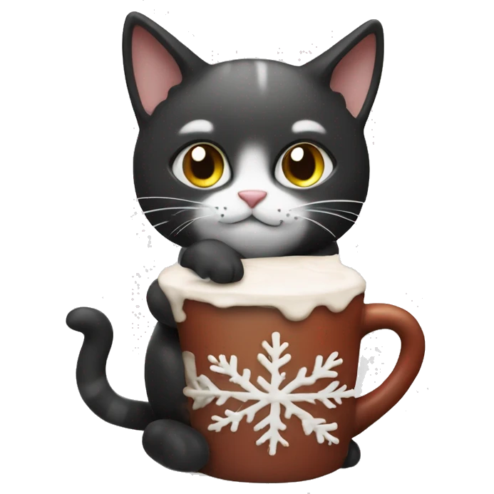 Christmas cat black and White with hot chocolate  emoji