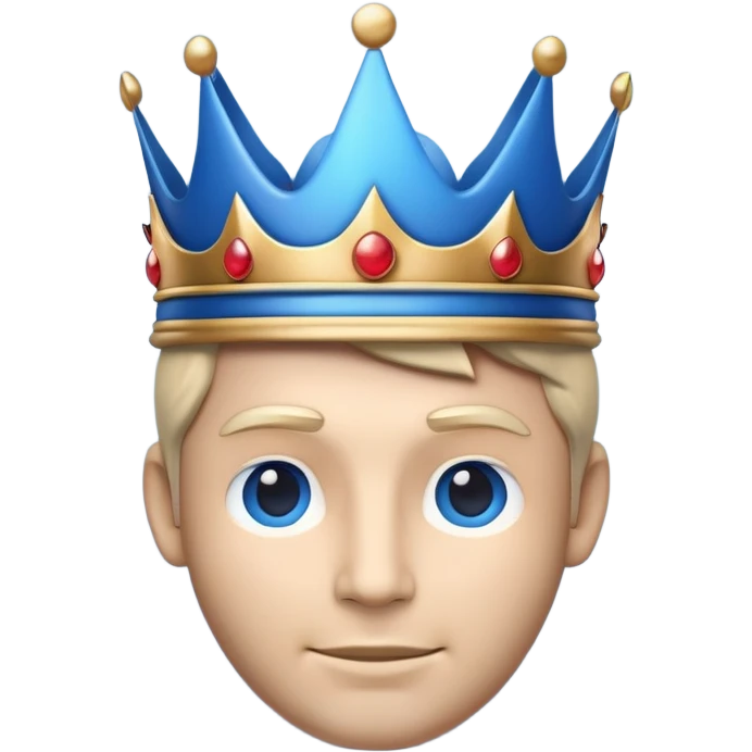 Apple-style emoji of a male face with a large, smooth blue crown. The crown must have no details at all — no relief, no gems, just the clean shape of the crown. Crown should remain visually prominent with a flat front area for a small logo. 3D-like style with soft gradients and shadows emoji