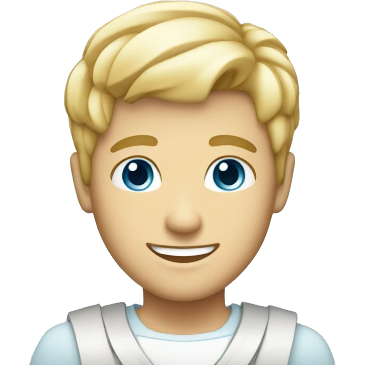 blonde male with short hair, sky blue eyes, big smile and a costume emoji