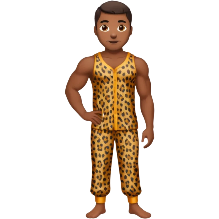 Handsome Black guy with brown skin tone, with muscular build, wearing loose fitting leopard print pajamas and white slippers  emoji