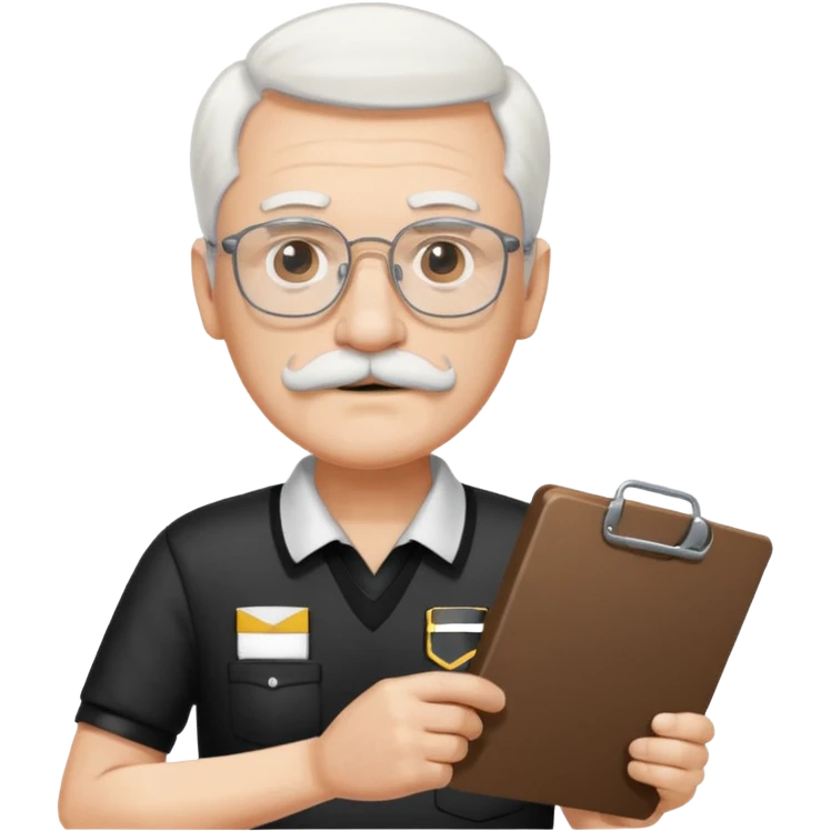 An old stern white hair and mustache, wear glasses referee with a clipboard, monitoring players closely. emoji