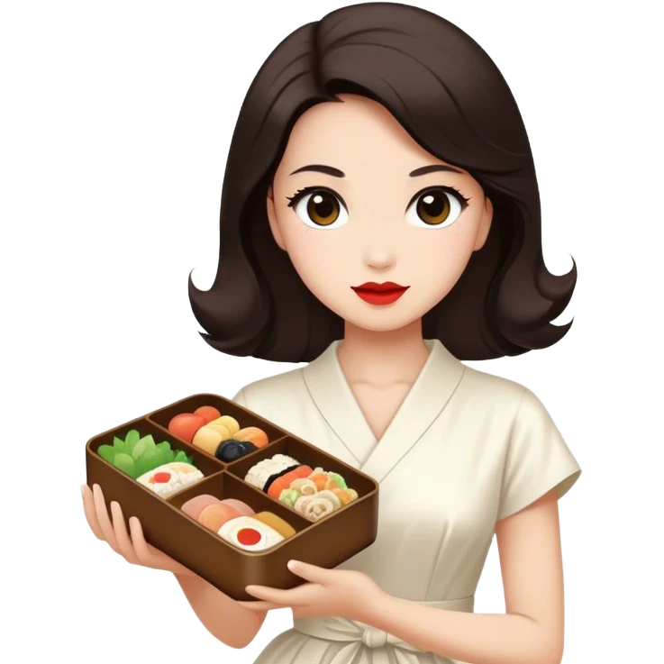 Beautiful woman in 1950’s woman fashion look, white dress, long dark brown hair, Japanese bento emoji