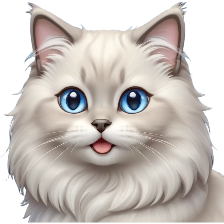 Cinematic Adorable Fluffy Light Grey Mantle Ragdoll Cat Portrait Emoji, Head tilted cutely with big, sparkling blue eyes, soft light grey fur with darker points on the ears, face, and paws, Simplified yet irresistibly adorable features, highly detailed, glowing with a soft, warm glow, high shine, yawning in a peaceful and playful manner, stylized with a touch of whimsy, bright and endearing, soft glowing outline, capturing the essence of a relaxed and loving kitten, so cute it feels like it could leap out of the screen and stretch into a cozy nap! emoji