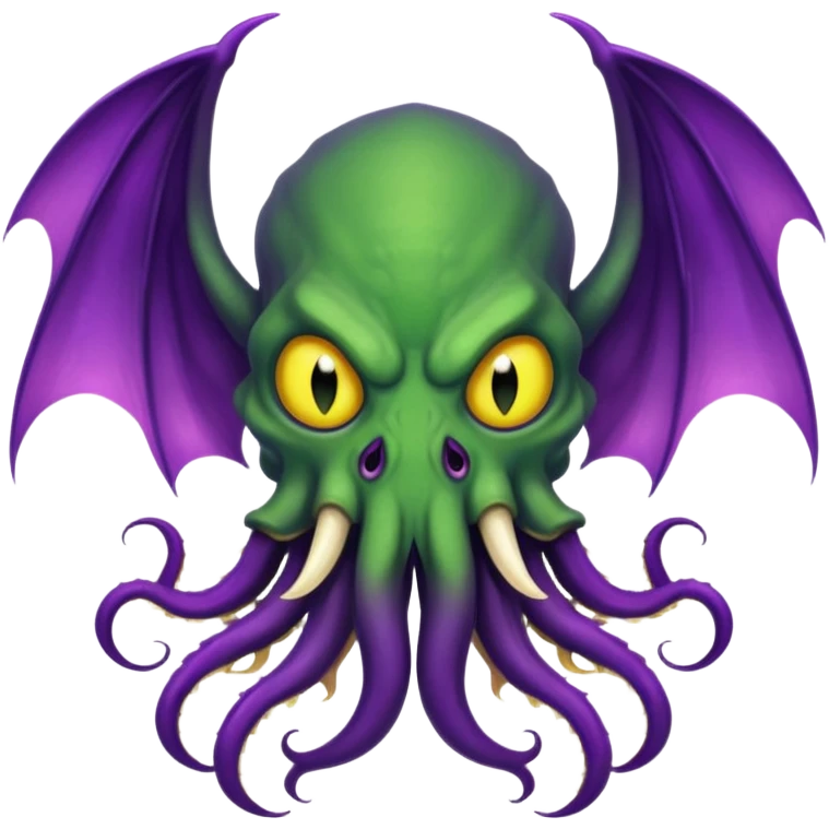 deep green Cthulhu with purple bat wings and purple gradient tentacles. Yellow angry eyes. yellow suckers on tentacles. dramatic ominous shading. two saber-teeth emoji