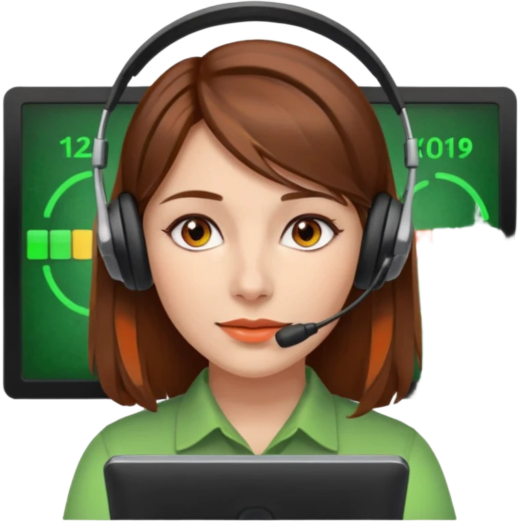 woman, brown hair, middle european, wearing a headset. she is controling limits on screen: green = ok, orange = bald überschritten, re = limite überschritten emoji