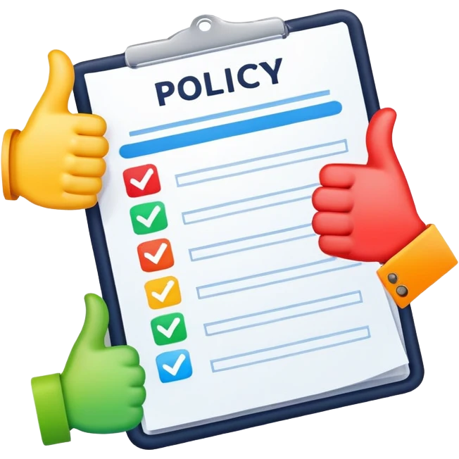 Ads policy document with thumbs up and check marks, showing approval emoji