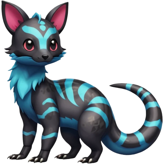 Rare exotic cute epic aesthetic colorful Salandit-Eevee-Civet-species-Fakemon-hybrid-creature, with markings, full body emoji