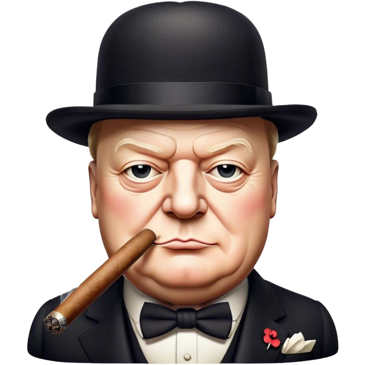 Cinematic Realistic Winston Churchill Portrait Emoji, depicted as a resolute British statesman with a signature bowler hat and a cigar, exuding determined leadership and wartime valor, rendered with lifelike textures and dramatic vintage lighting that captures his iconic British spirit. emoji