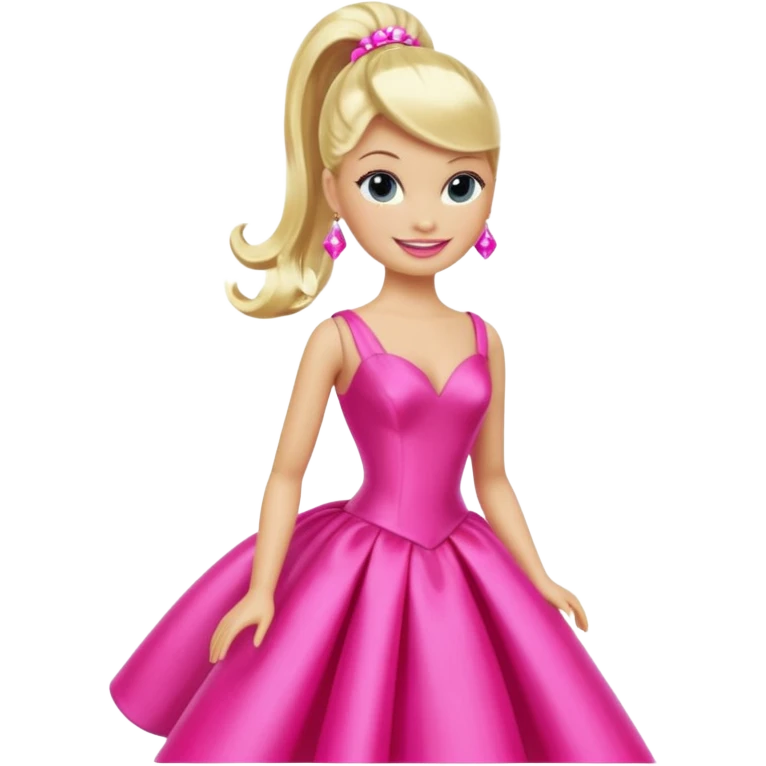 En klassisk blond modedukke med høj hestehale, iført en glamourøs hot pink aftenkjole, skinnende plastik-tekstur, smilende, ikonisk legetøjs-æstetik. emoji
