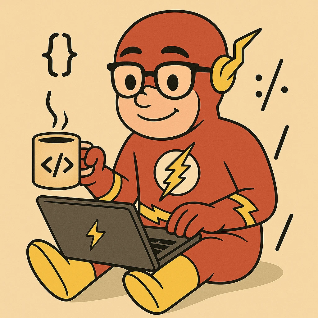 Make The Flash a nerdy programmer, add a laptop, code symbols, and a mug with a code logo, playful illustration style. emoji