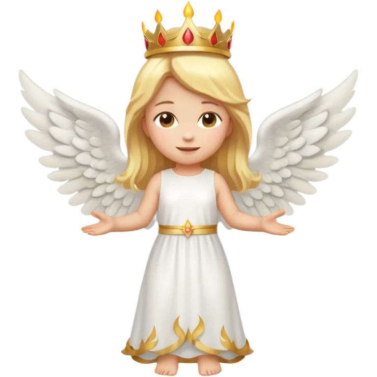 Full-body emoji-style angel: blonde hair, golden flame crown, halo, large wings, white dress, full body visible from head to feet, cute smooth emoji look. emoji