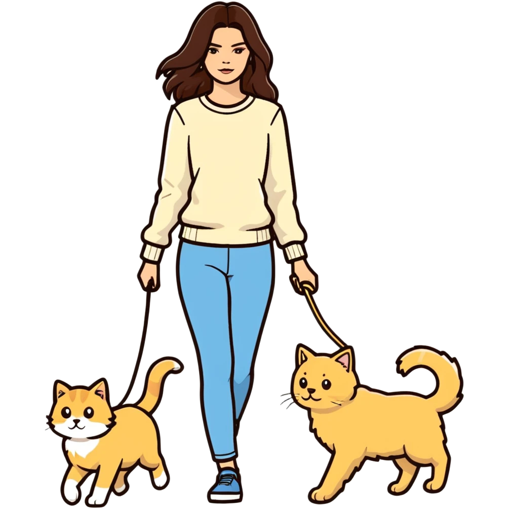 Kendall Jenner with long brown hair walking a golden retriever dog and three cats, two cream colored cats and one white and blue cat emoji