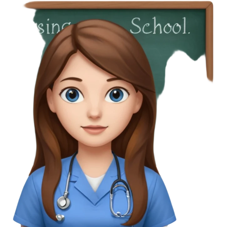university classroom that says nursing school on the blackboard with a pretty female nursing student with long brown hair, blue eyes emoji