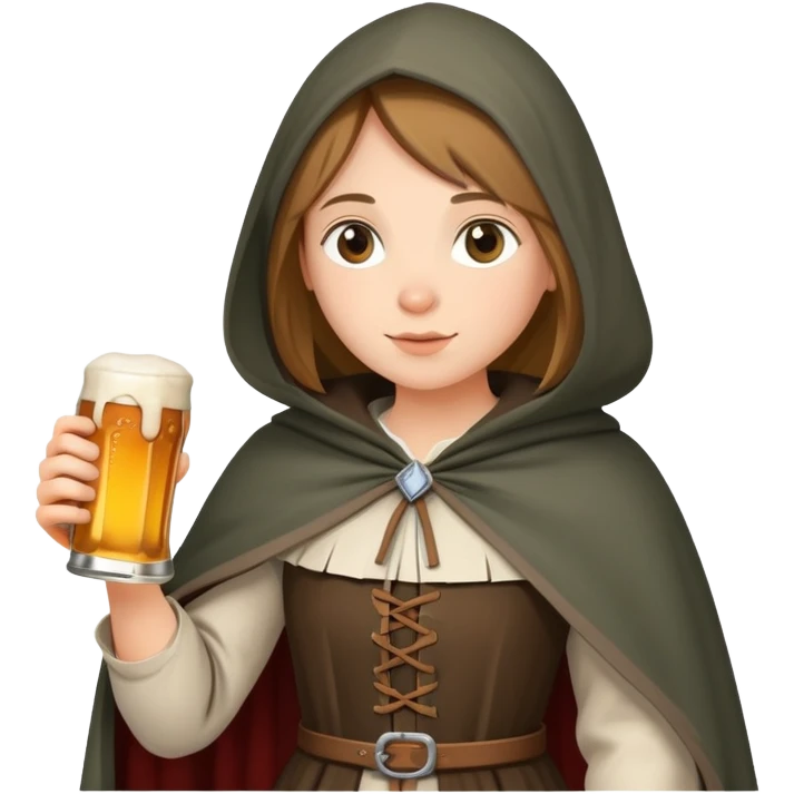young female medieval pilgrim with cloak and beer bottle emoji