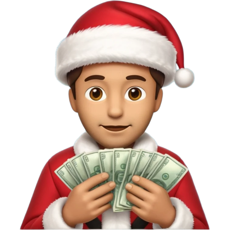 A confident rich emoji face wearing a Santa hat, money stacks, casino vibe, New Year theme, premium 3D emoji style, sharp details, no text, isolated on transparent background emoji