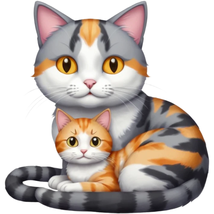 big grey and white cat cuddling a colourful light patched calico + white tabby cat emoji
