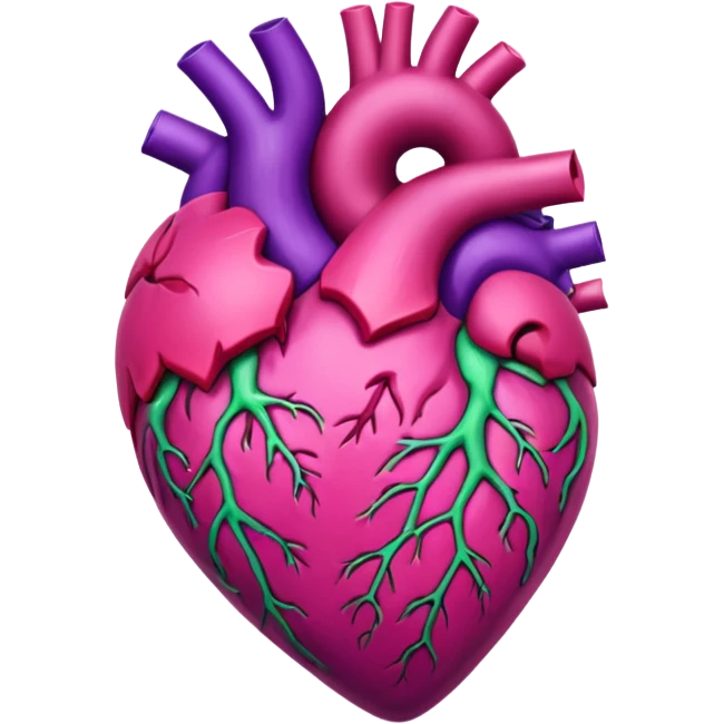Pulsating heart with purple, hot pink, amber, light green, and dark purple emoji