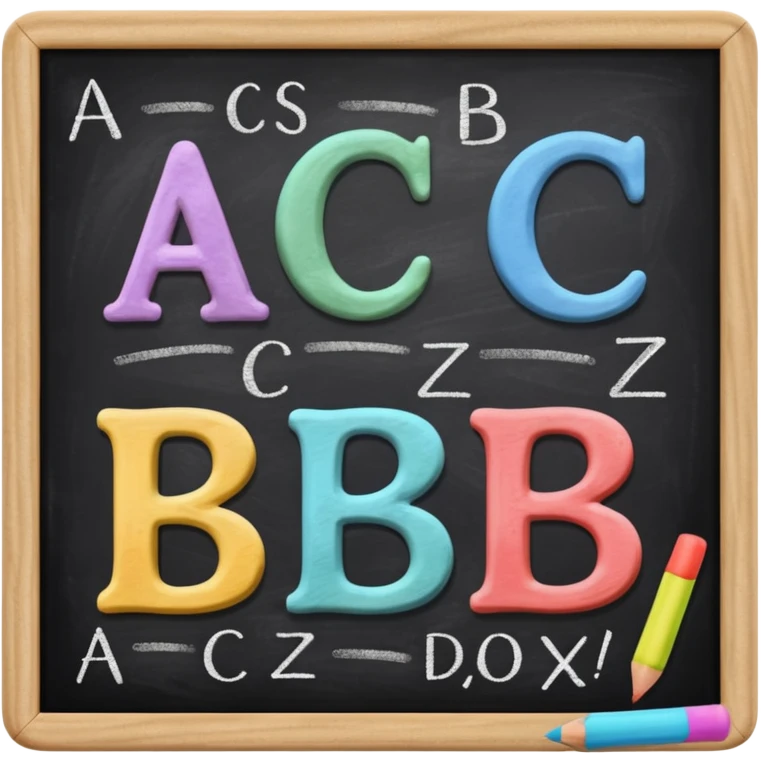 preschool blackboard with letters A, B, and C written in colorful chalk emoji