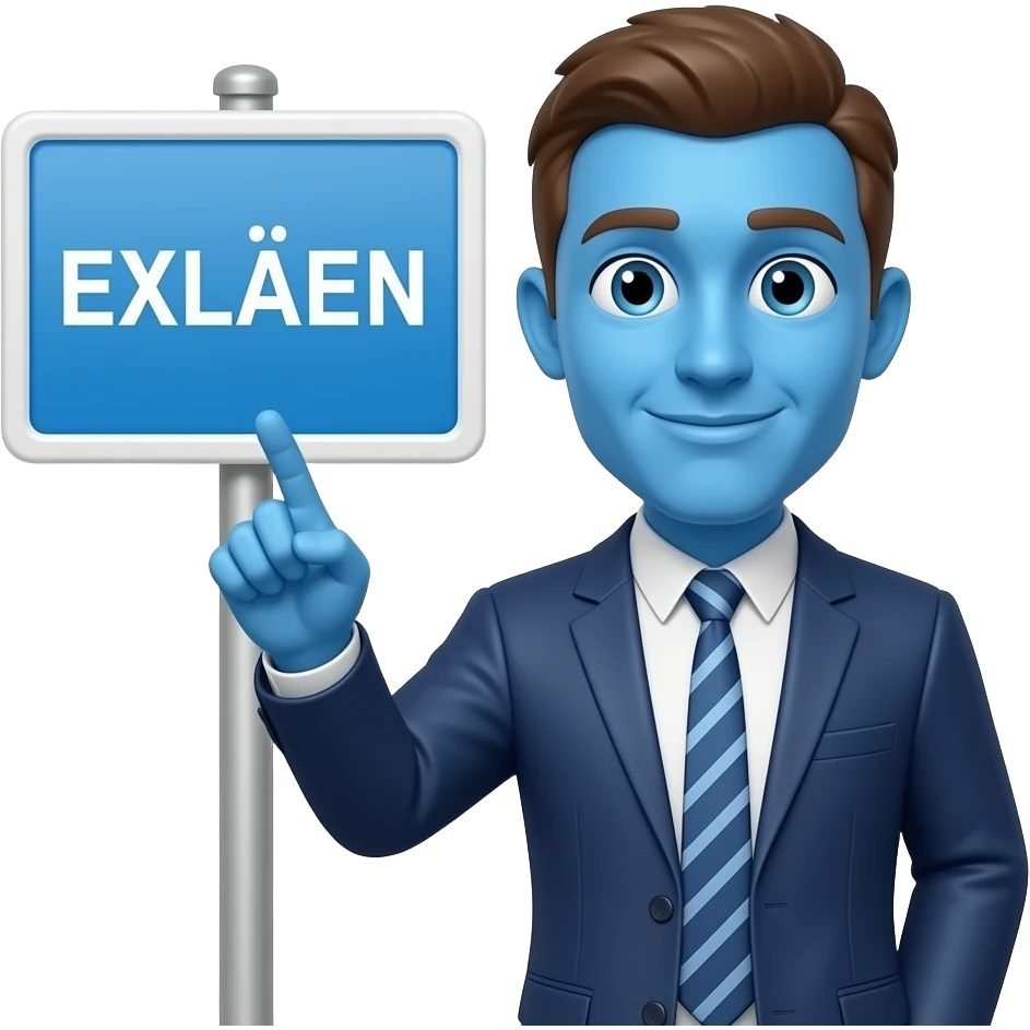 BLUE EMOJI где он показывает рукой на надпись EXLÆN emoji