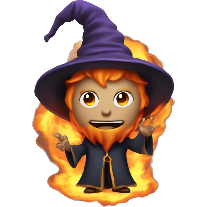 Human demonologist in a wizard costume, surrounded by a fiery halo, Halloween theme, emoji emoji