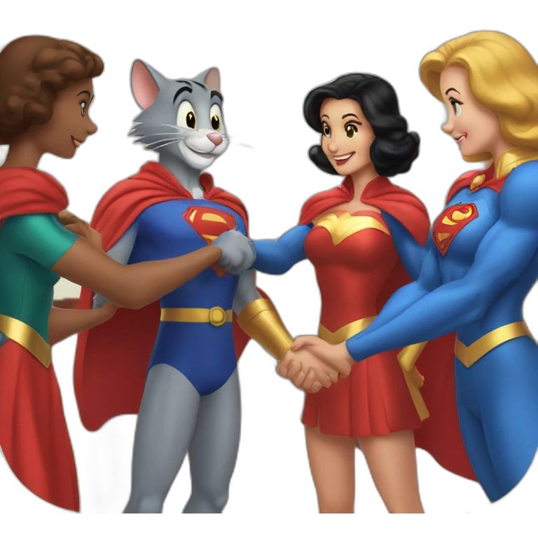 Tom and Jerry giving handshake to super women emoji