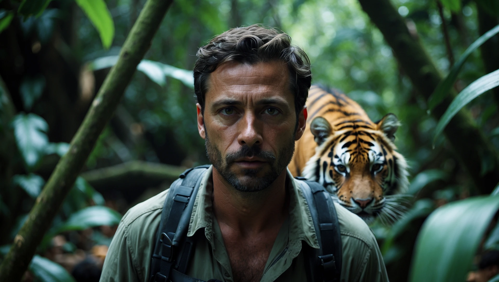 cinematic still, documentary photography, amazon jungle, well lit scene, man is exploring the jungle, close up, front shot, rule of thirds, tiger in background sneaking trying to jump on man emoji