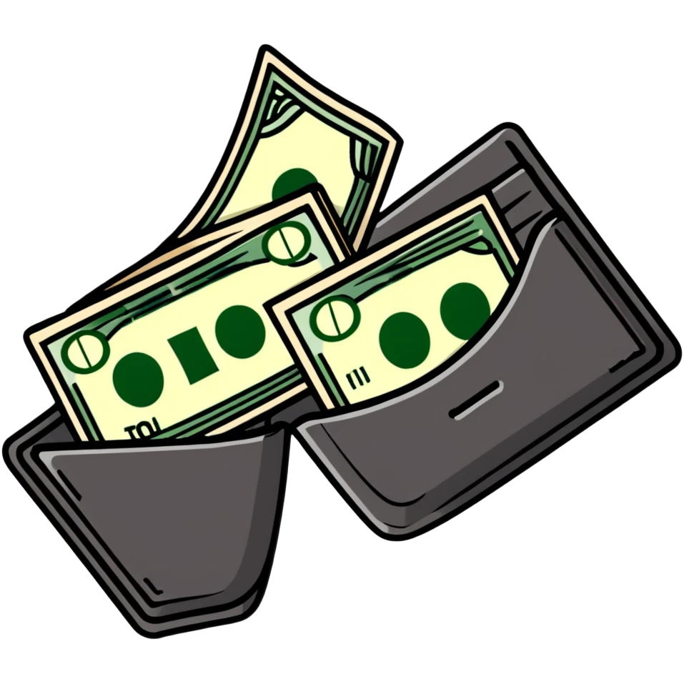black leather wallet with dollar bills inside and a small clock in top right corner positioned over the wallet emoji