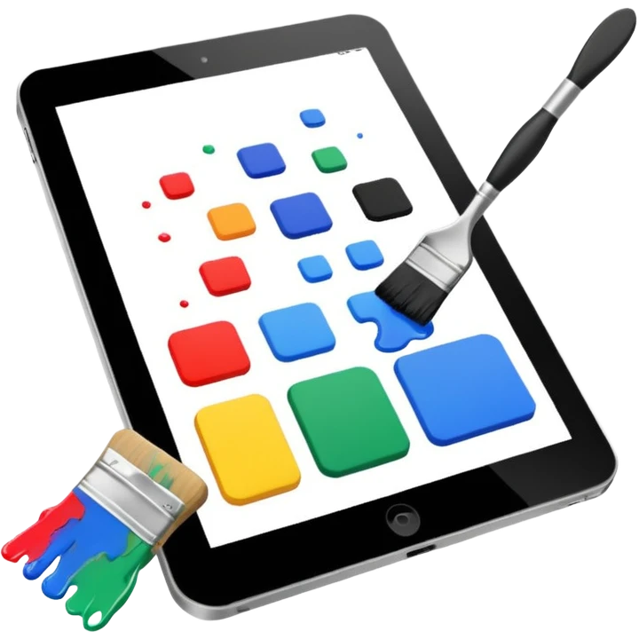 A simple graphic for digital art. A tablet dissolving into pixels with a paint brush or a pallet overlaid. No gradients. Just black on white. emoji