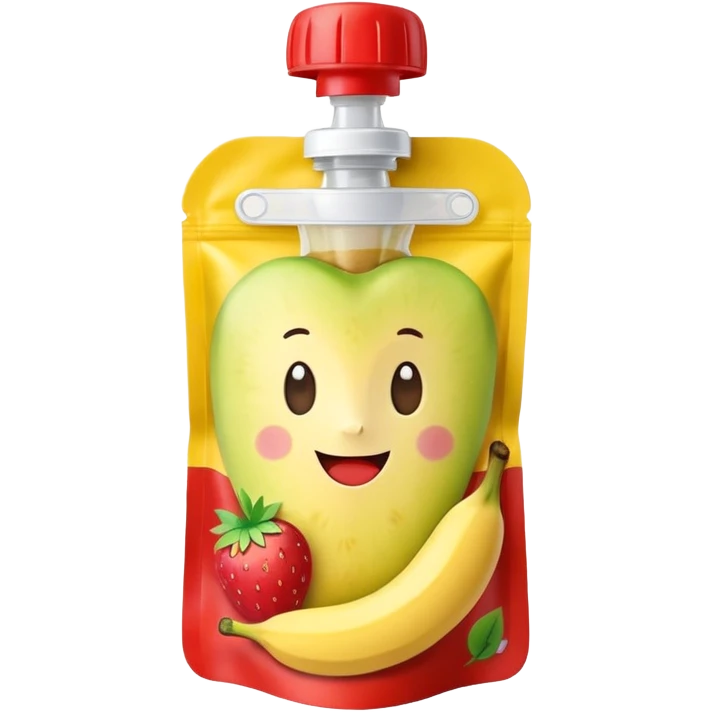 Ein weicher, bunter Standbeutel für Kinder, gefüllt mit püriertem Obstmus. Oben hat er einen kleinen wiederverschließbaren Schraubverschluss, aus dem Kinder direkt trinken oder saugen. Verpackung wie Babynahrung-Beutel aus dem Supermarkt, mit fröhlichem Obst-Design (Apfel, Banane, Erdbeere). emoji