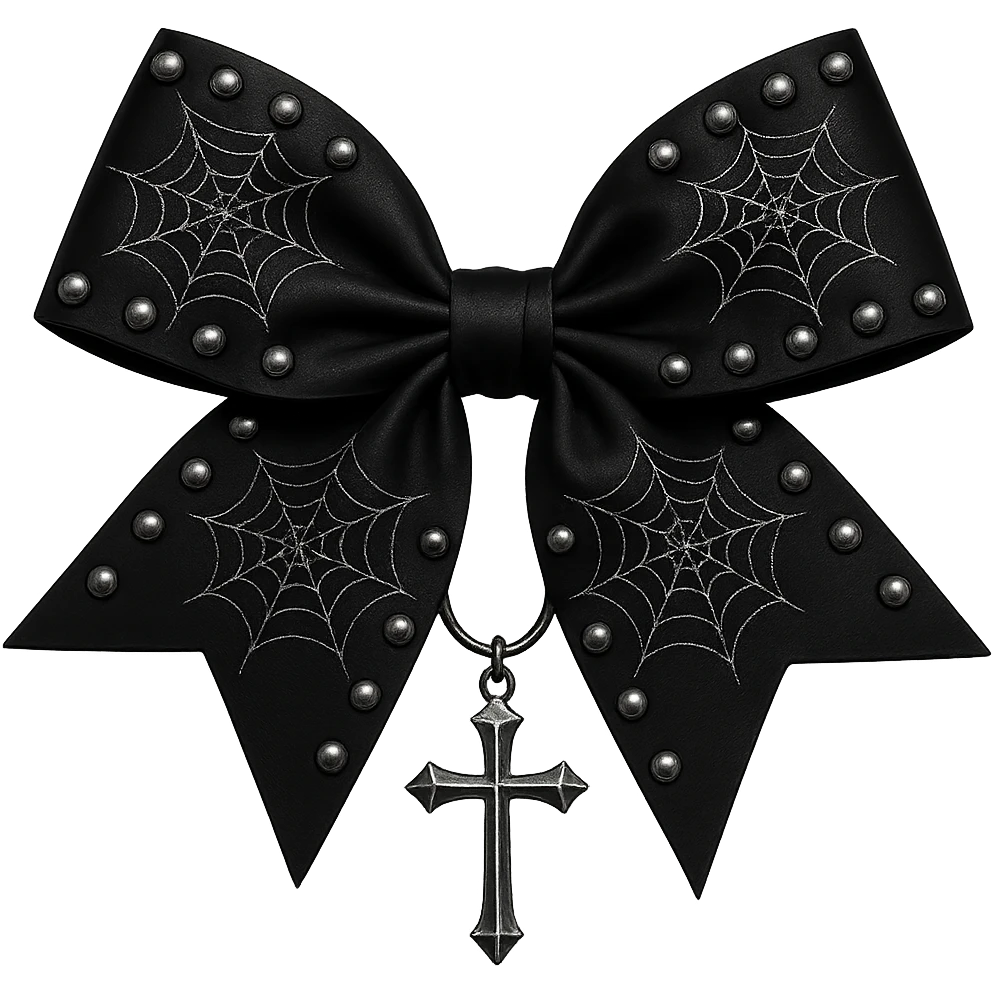 Edit the image to depict an oversized black gothic bow with silver studs, spiderweb patterns, and a dangling cross. The background should be removed. Emphasize the gothic style with bold silver studs, intricate spiderweb designs, and a prominent cross pendant. emoji