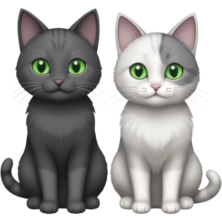 2 different coloured grey cats including one dark grey and white cat and one completely solid dark grey cat with green eyes and only white paws emoji